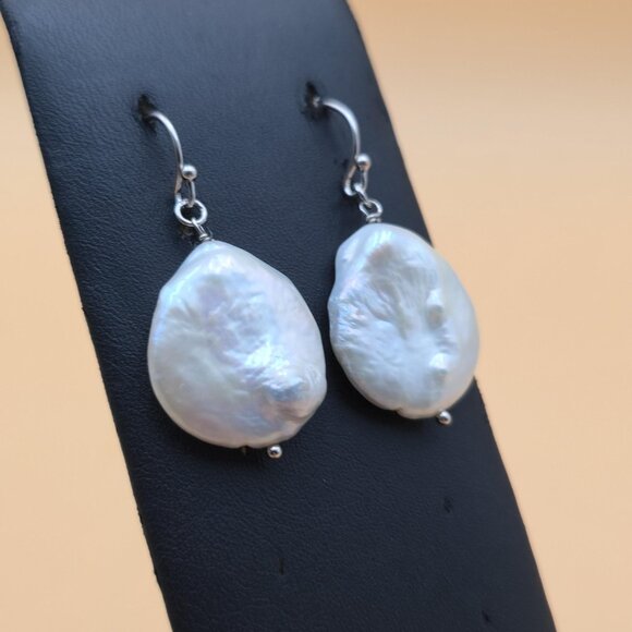 Sterling Silver Large Genuine Pearl Dangle Earrings A5275 - Picture 2 of 6